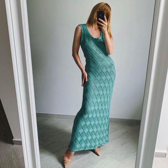 Long Crochet Dress Zara Washed Green
